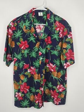 Royal Creations Hawaii Navy Red Floral & Pineapple Print Hawaiian Shirt XL 7051
